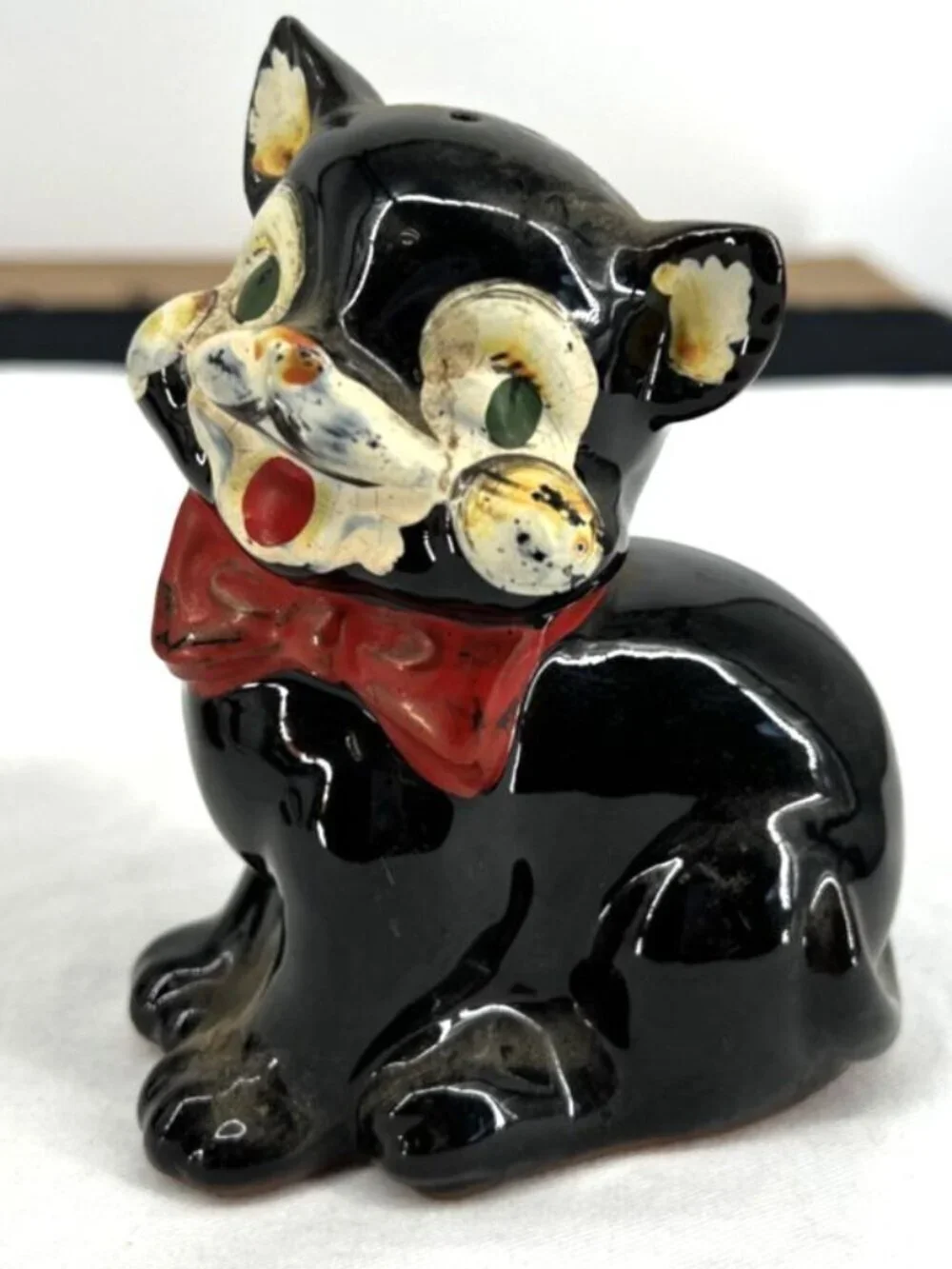Black Cat Salt and Pepper Shakers Red Bows Ceramic Redware 4.75